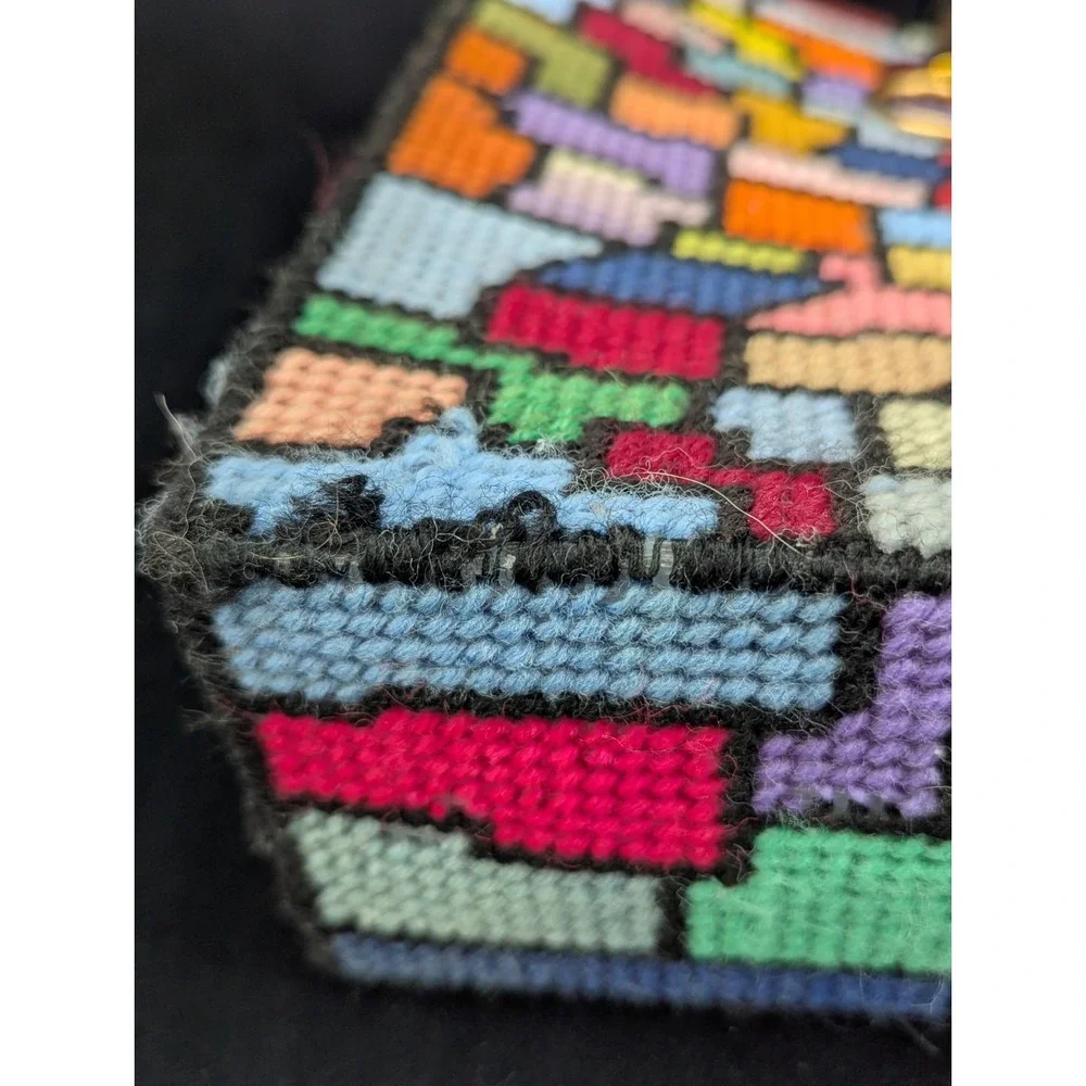 VTG Handmade Plastic Canvas Bead Handle Purse Tote Roses Geometric Shapes NM